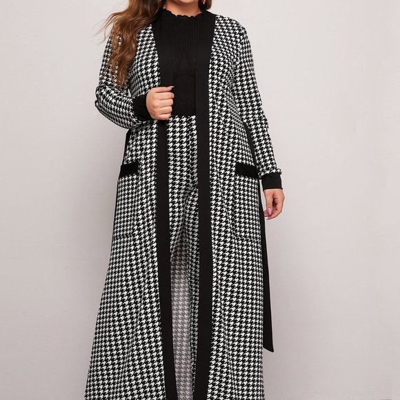 PLUS Chic Patch Pocket Belted Houndstooth Coat & Leggings Set - Picture 1 of 5